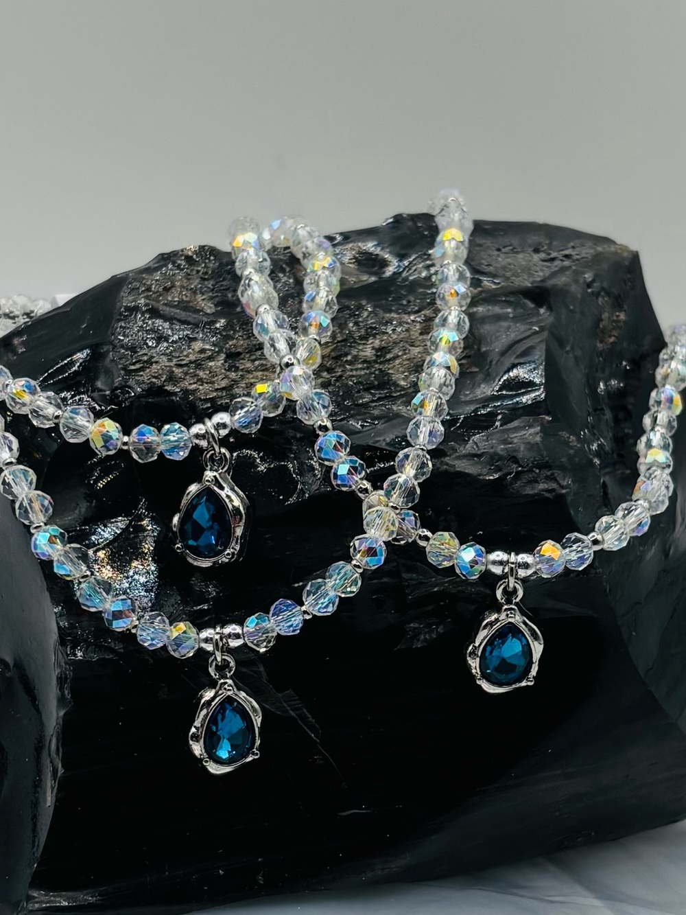 *ANKLET* Silver Tone Teardrop & AB Clear Blue Crystal Stretchy Anklet